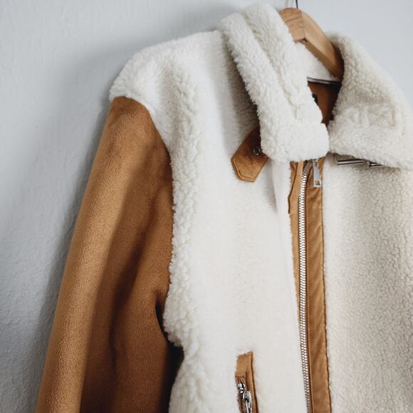 Love Tree Tan Faux Suede Sherpa Moto Jacket Aviator Biker Coat Camel Brown Large - Picture 5 of 11